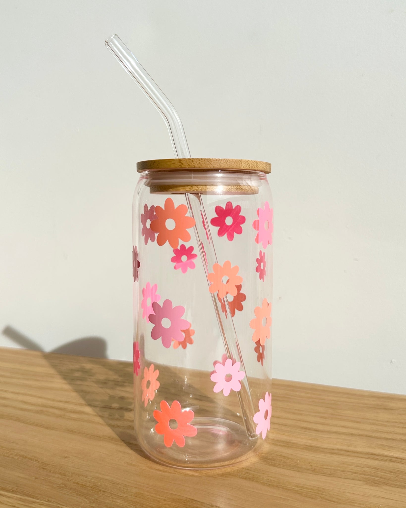 Hot Pink Holo Daisy Glass Iced Coffee Cup