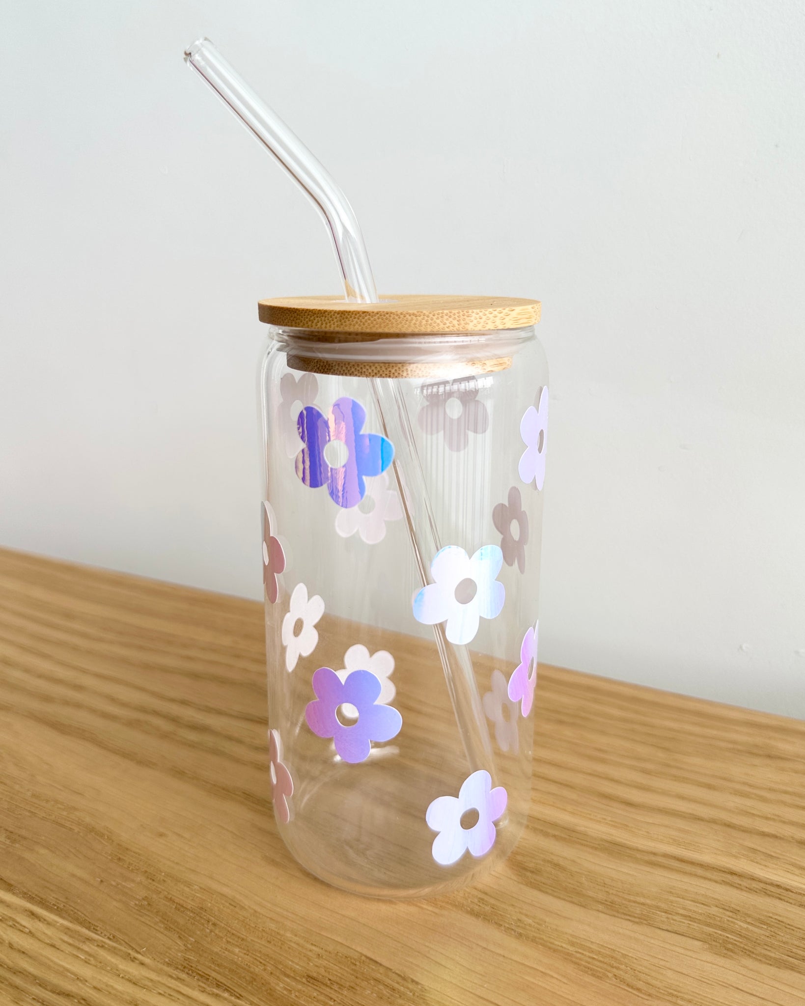Daisy Cup Iced Coffee Glass Floral Glass Can with Lid Straw