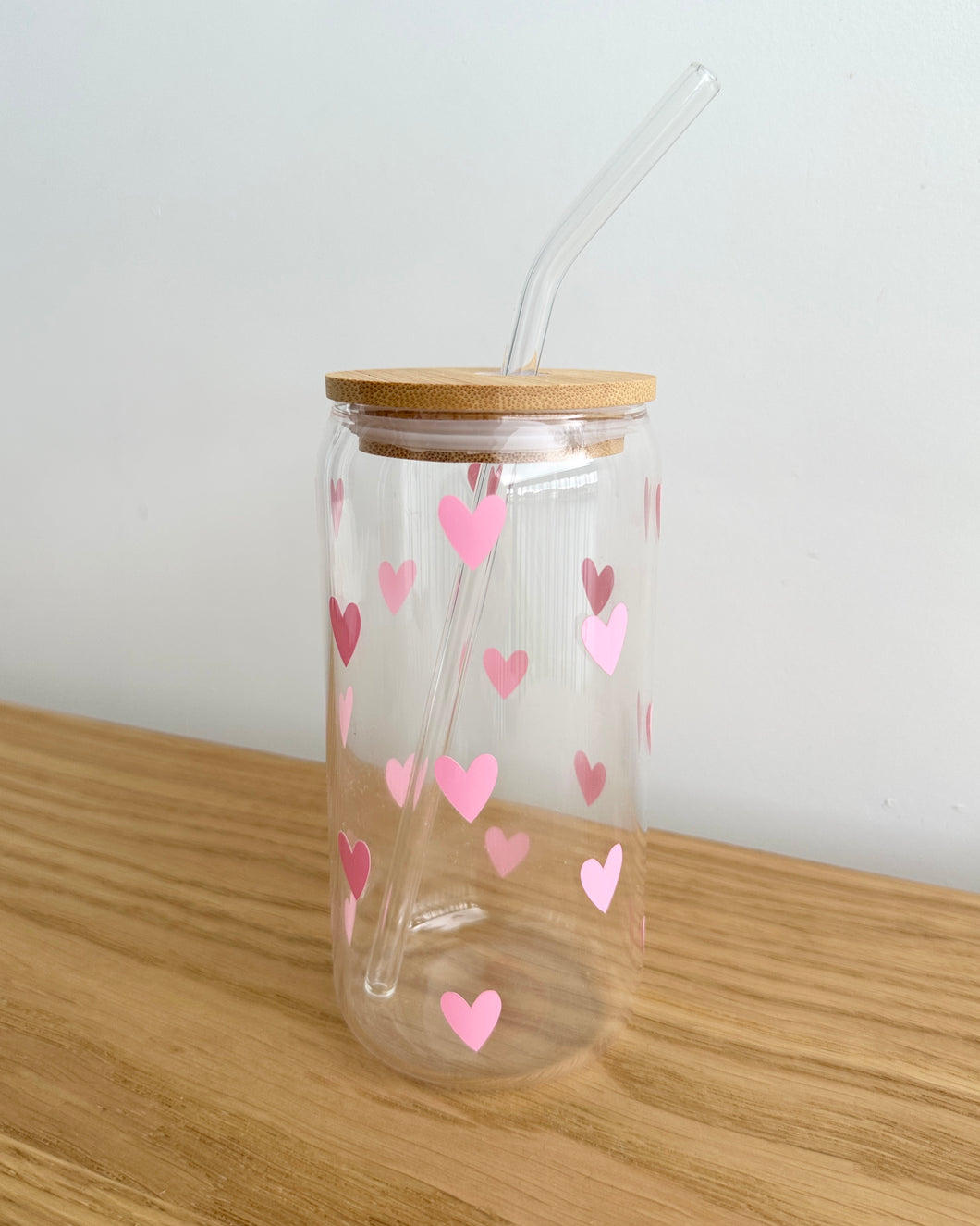 Pink Hearts Glass Iced Coffee Cup