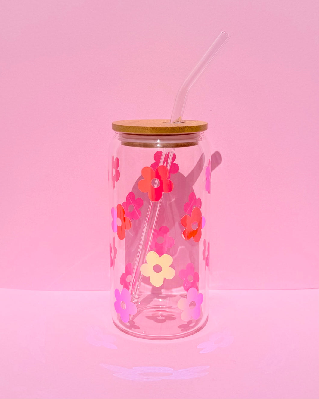 Holo Pink Retro Daisy Glass Cup