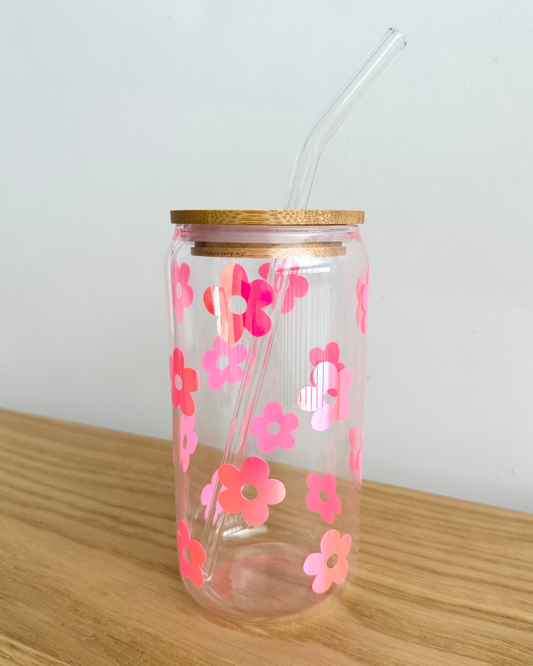 Hot Pink Holo Daisy Glass Iced Coffee Cup